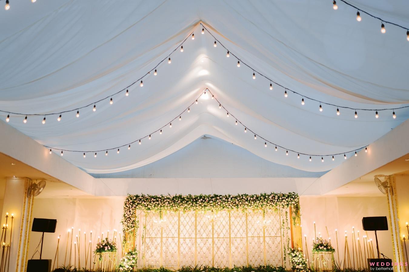 Photo of Gold & White Fairy Lights Stage Decor Ideas for wedding ceremony