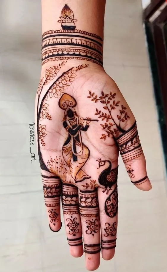 Photo of Lord Krishna playing his flute  mehndi design