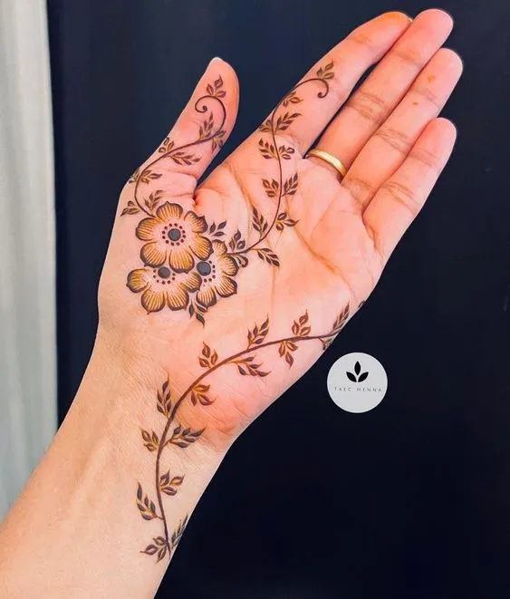 Photo of minimal flower mehndi design on front hand