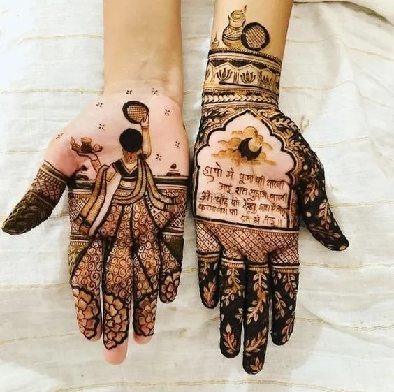 Photo of Simple Karwachauth Mehndi Design on front hand